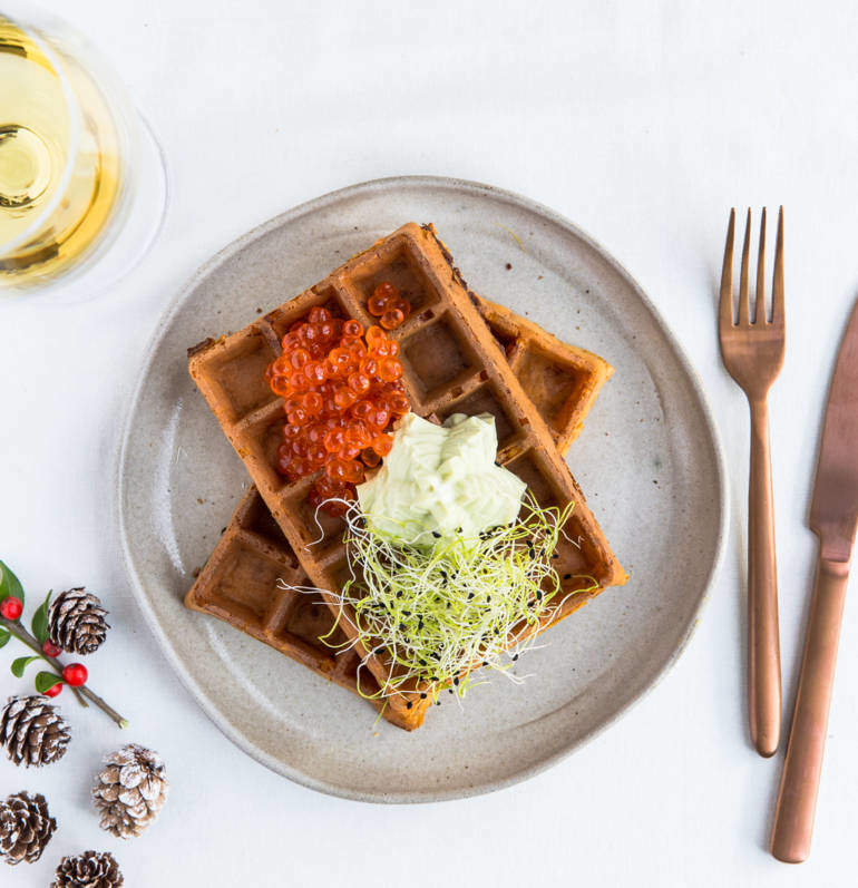 Sweet Potato Waffles with Comté cheese, wasabi ricotta and salmon roe