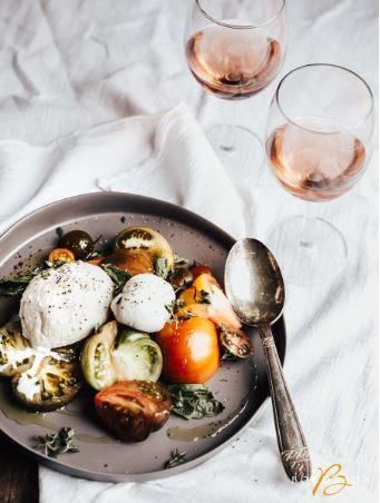 Burrata with Tomatoes rosé wine