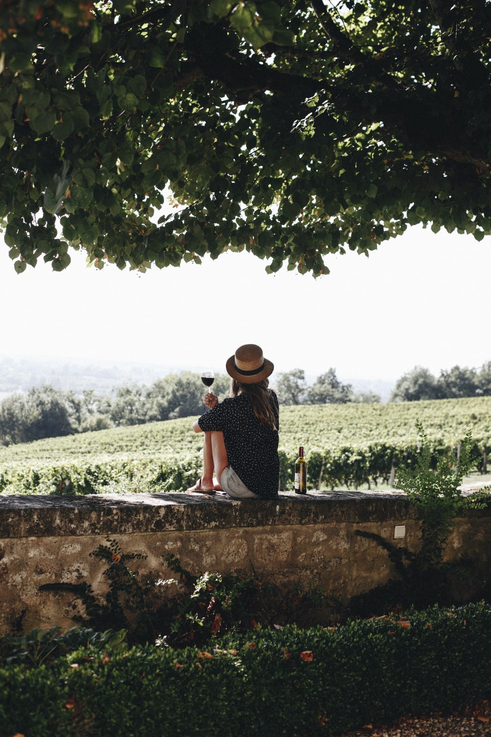 girl drinking red wine in the vineyard